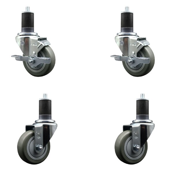 Service Caster 3.5'' SS Gray Poly Wheel Swivel 1-5/8'' Expanding Stem Caster Set 2 Brakes, 4PK SCC-SSEX20S3514-PPUB-2-TLB-2-158 - main